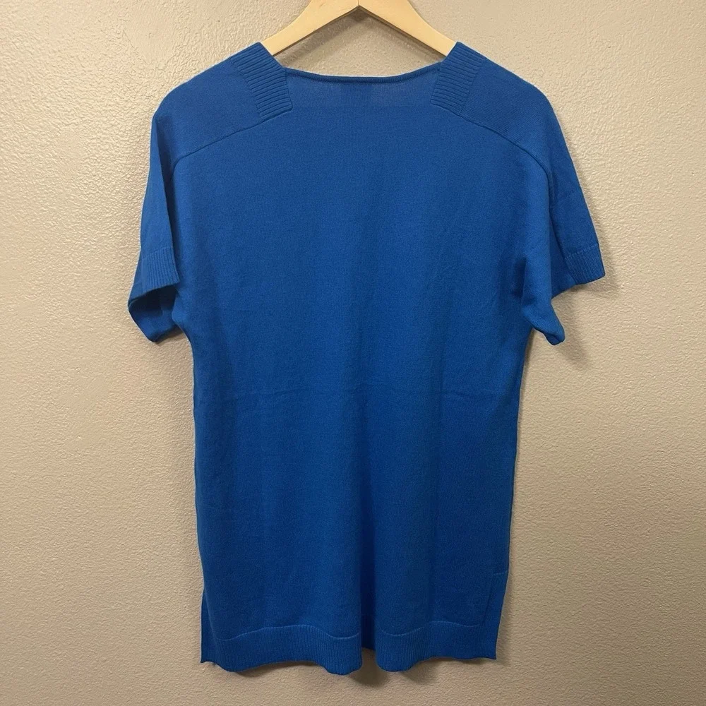 Chico's 1 Short Sleeve Knit Sweater Top Long Line Vibrant Blue Pockets Size S/M